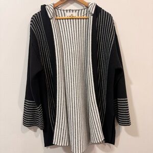 Lou & Grey Black White Striped Women's Hooded Open Front Cardigan Sweater Size L